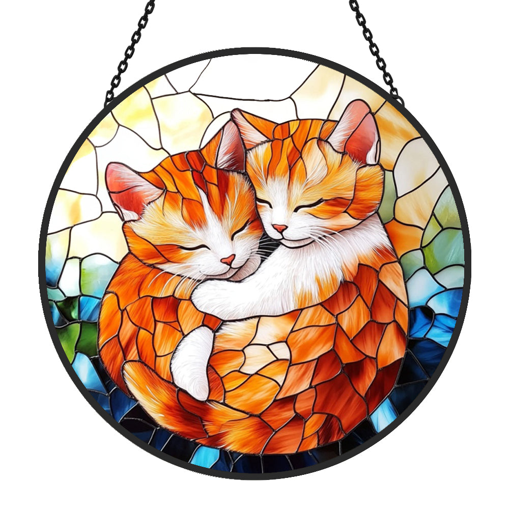 Hugging orange cats stained glass suncatcher window hanging, suitable for home and garden decoration