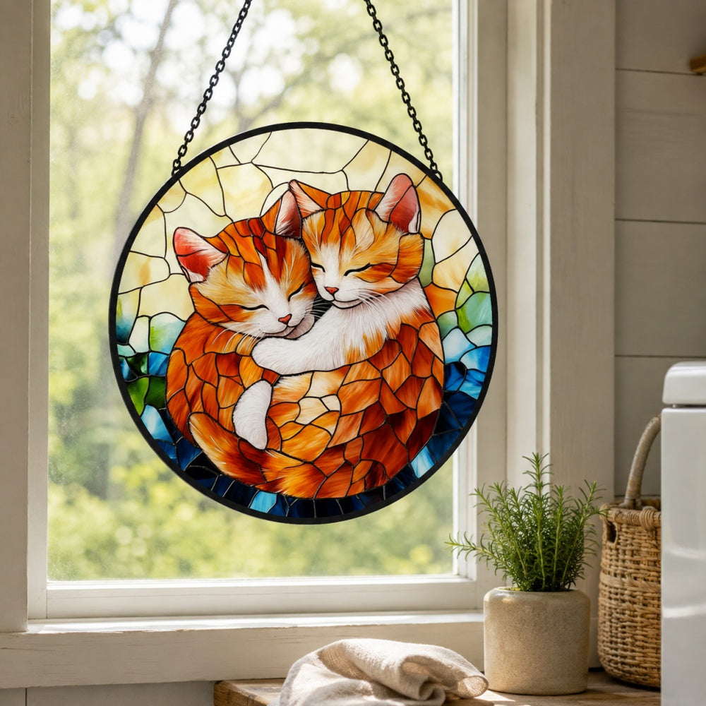 Hugging orange cats stained glass suncatcher window hanging, suitable for home and garden decoration