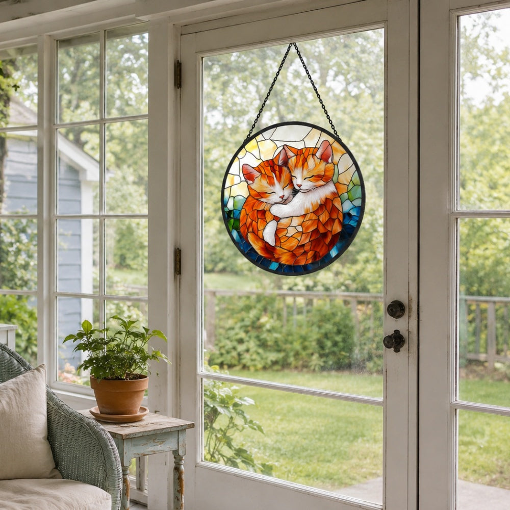 Hugging cats stained glass suncatcher window hanging, suitable for home and garden decoration
