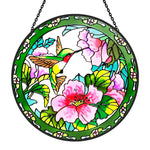 hummingbird feeding on pink blossoms stained glass suncatcher window hanging, suitable for home and garden decoration.