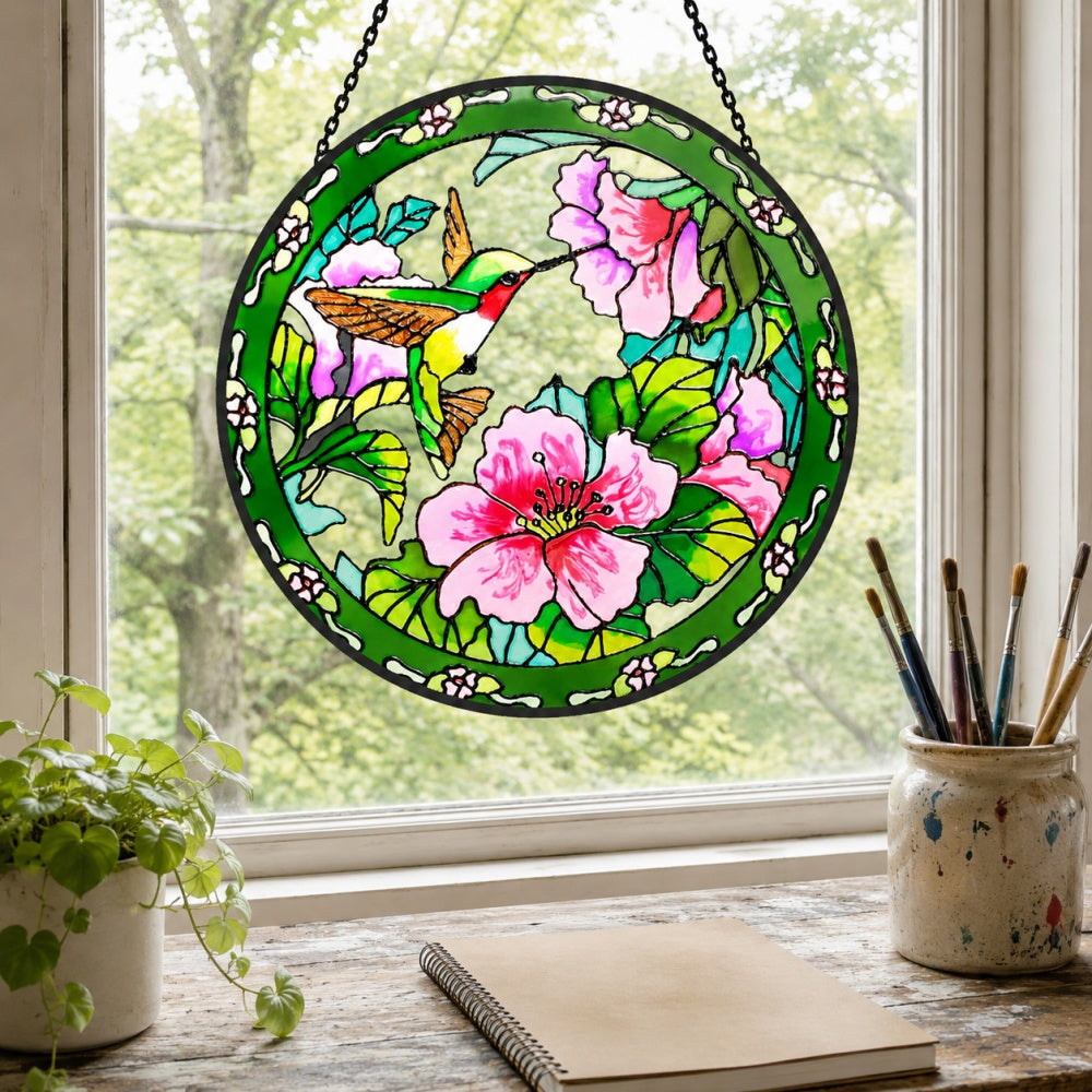Hummingbird feeding on pink blossoms stained glass suncatcher window hanging, suitable for home and garden decoration