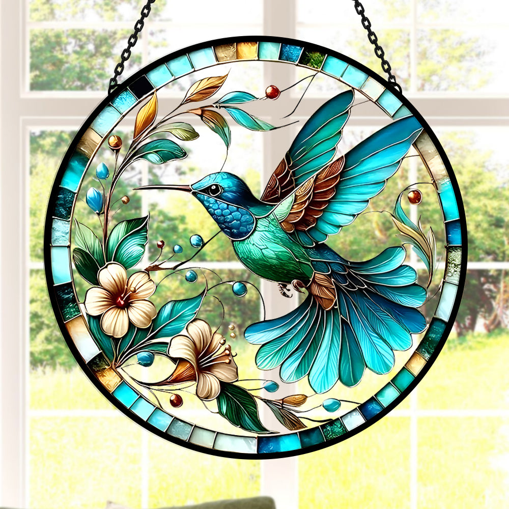 Hummingbird floral art stained glass suncatcher window hanging, suitable for home and garden decoration