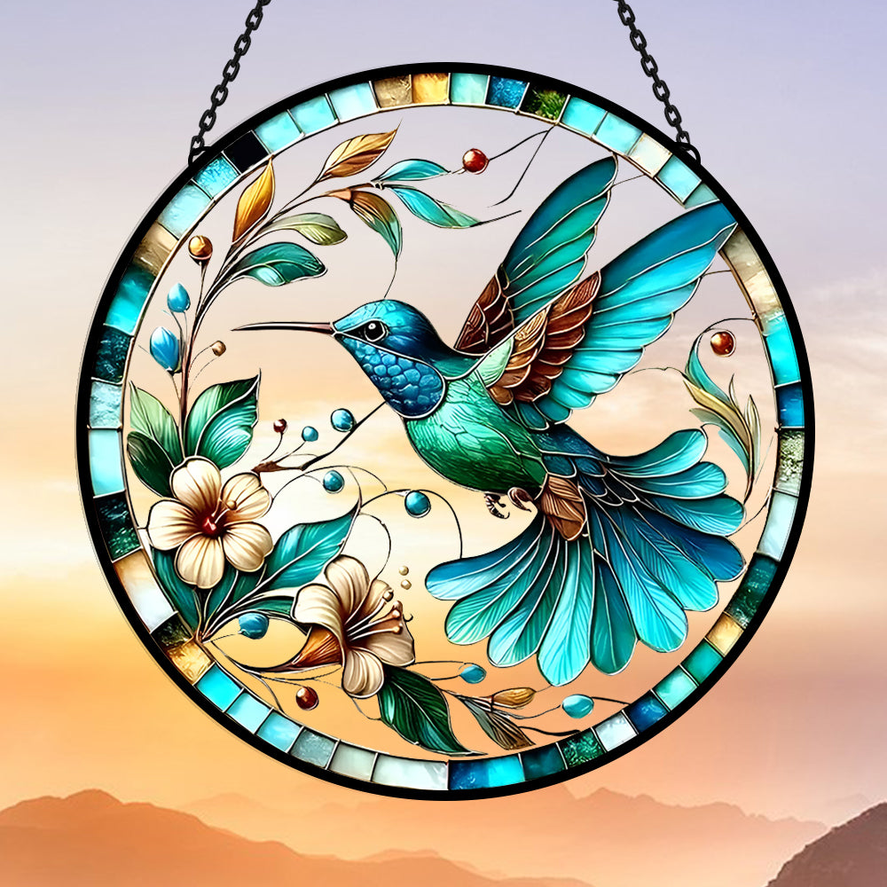 Hummingbird floral art stained glass suncatcher window hanging, suitable for home and garden decoration