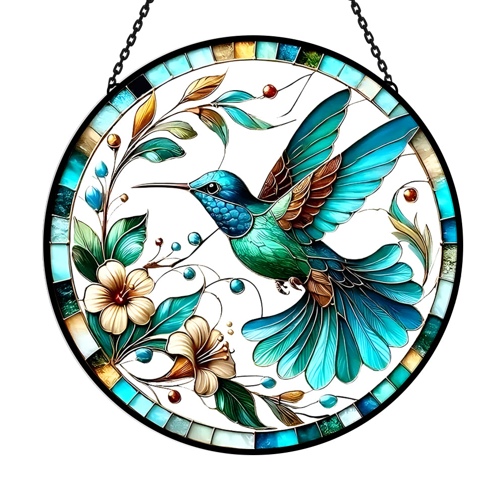Hummingbird floral art stained glass suncatcher window hanging, suitable for home and garden decoration