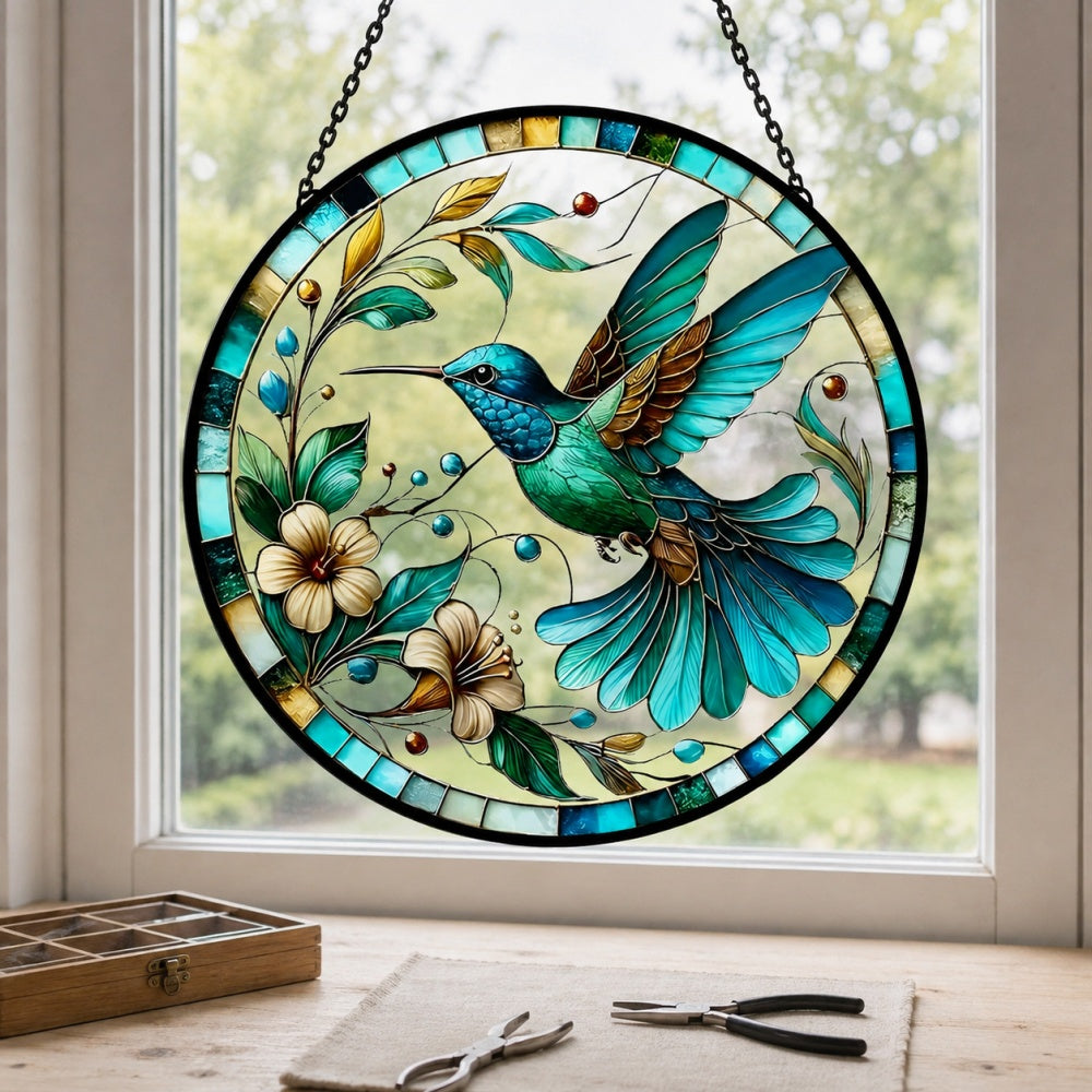 Hummingbird floral art stained glass suncatcher window hanging, suitable for home and garden decoration