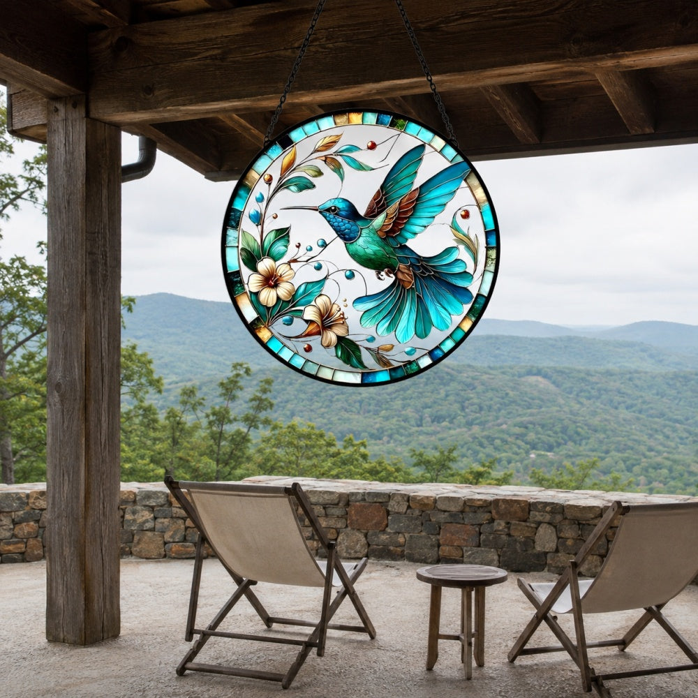 Hummingbird floral art stained glass suncatcher window hanging, suitable for home and garden decoration