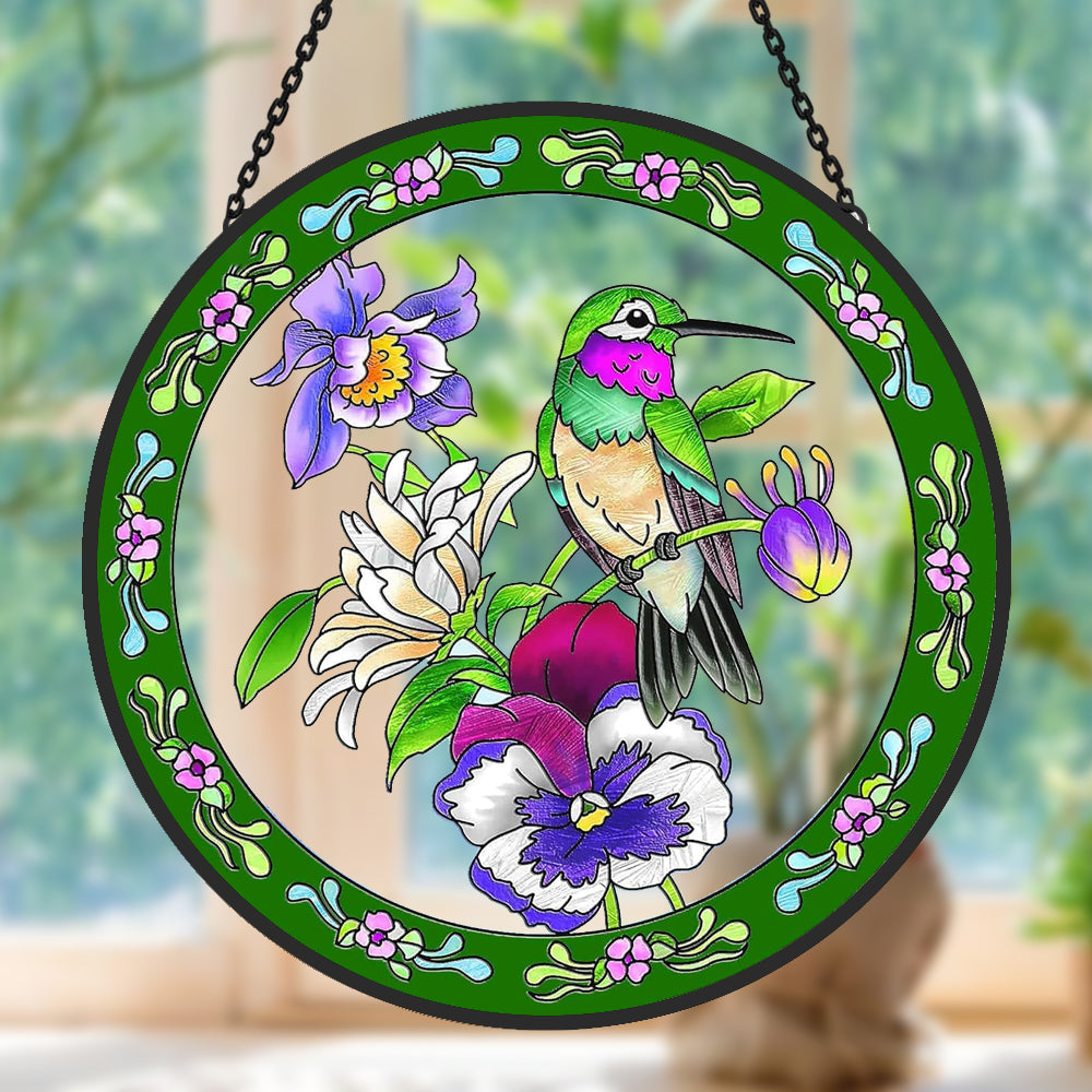 hummingbird in bloom stained glass suncatcher window hanging, suitable for home and garden decoration.