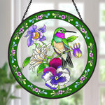 hummingbird in bloom stained glass suncatcher window hanging, suitable for home and garden decoration.