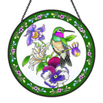 hummingbird in bloom stained glass suncatcher window hanging, suitable for home and garden decoration.