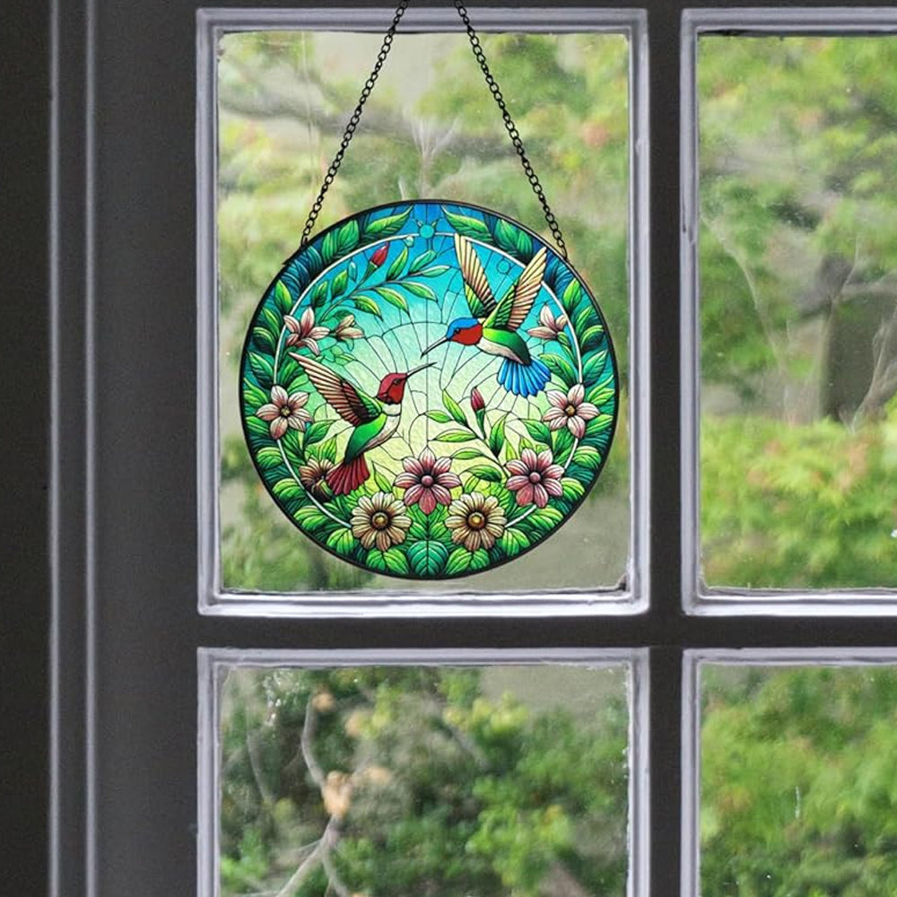 hummingbird pair in bloom stained glass suncatcher window hanging, suitable for home and garden decoration.