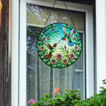 hummingbird pair in bloom stained glass suncatcher window hanging, suitable for home and garden decoration.