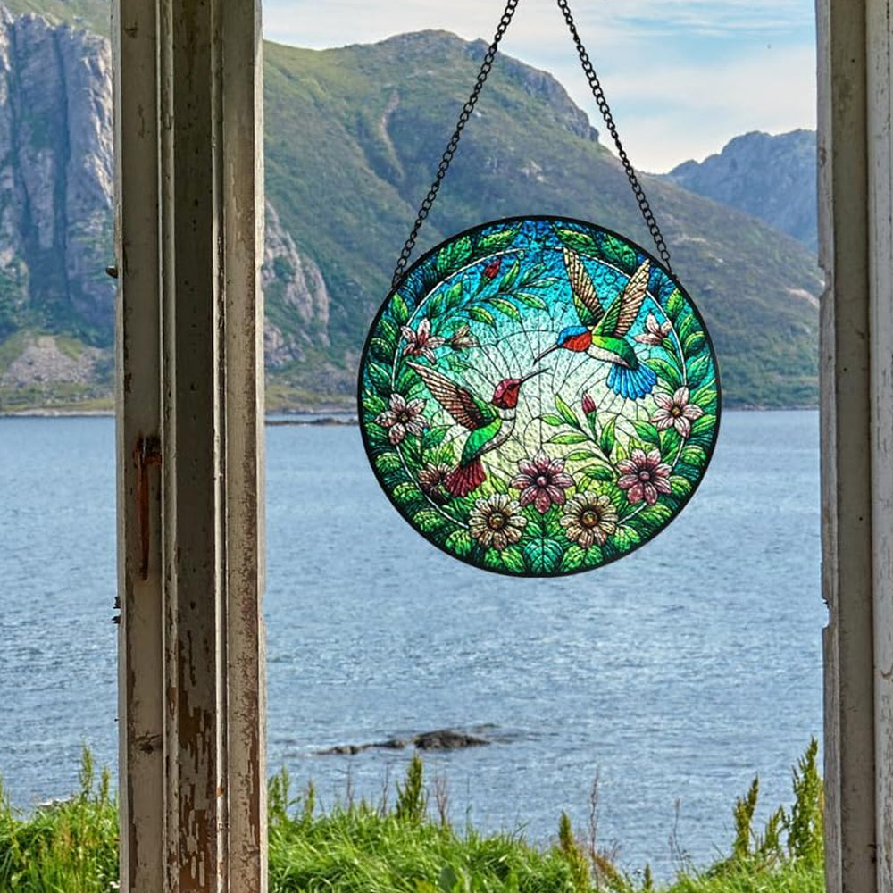 hummingbird pair in bloom stained glass suncatcher window hanging, suitable for home and garden decoration.