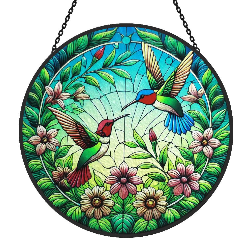 hummingbird pair in bloom stained glass suncatcher window hanging, suitable for home and garden decoration.