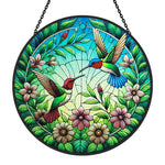 hummingbird pair in bloom stained glass suncatcher window hanging, suitable for home and garden decoration.