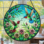 hummingbird pair in bloom stained glass suncatcher window hanging, suitable for home and garden decoration.