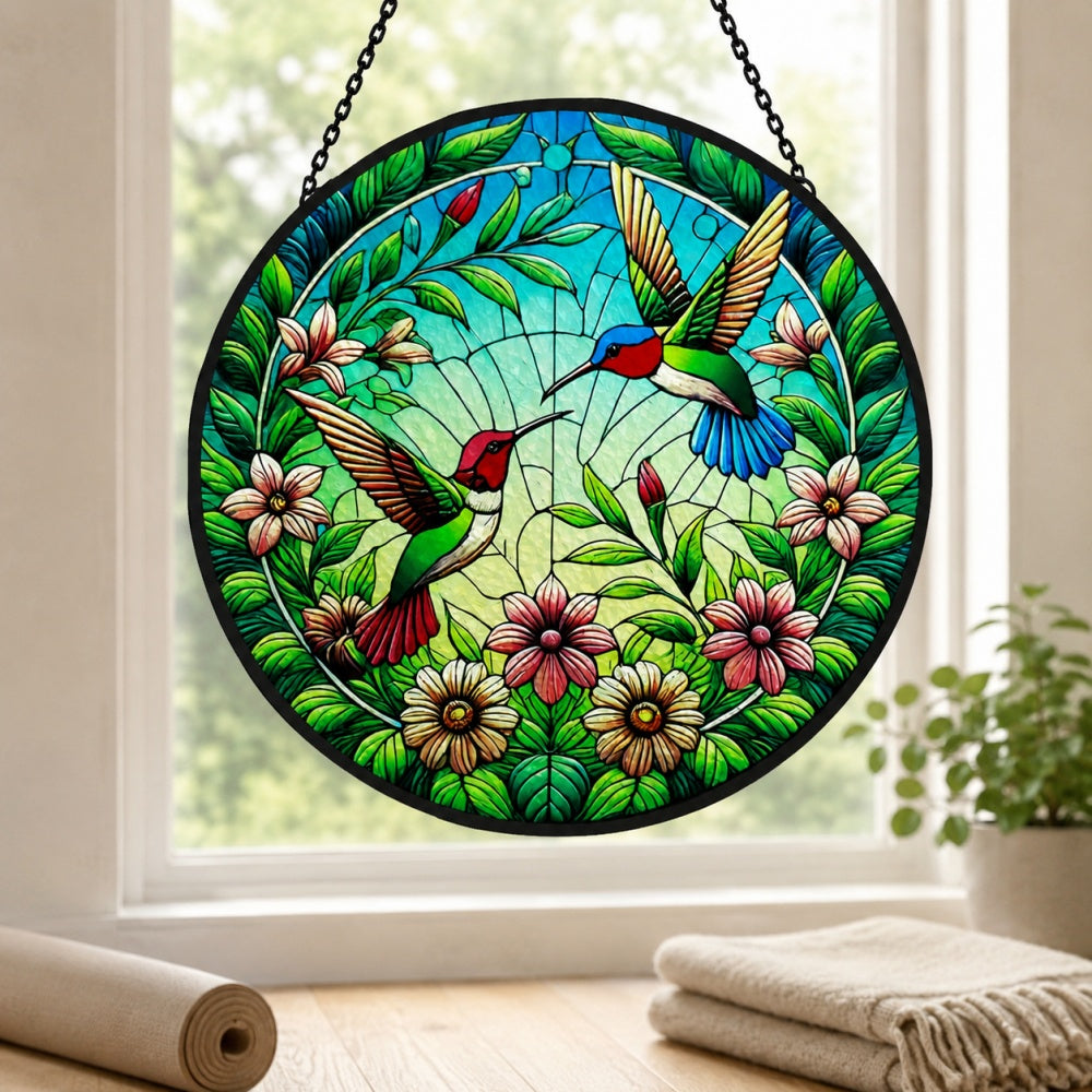 Hummingbird pair in bloom stained glass suncatcher window hanging, suitable for home and garden decoration