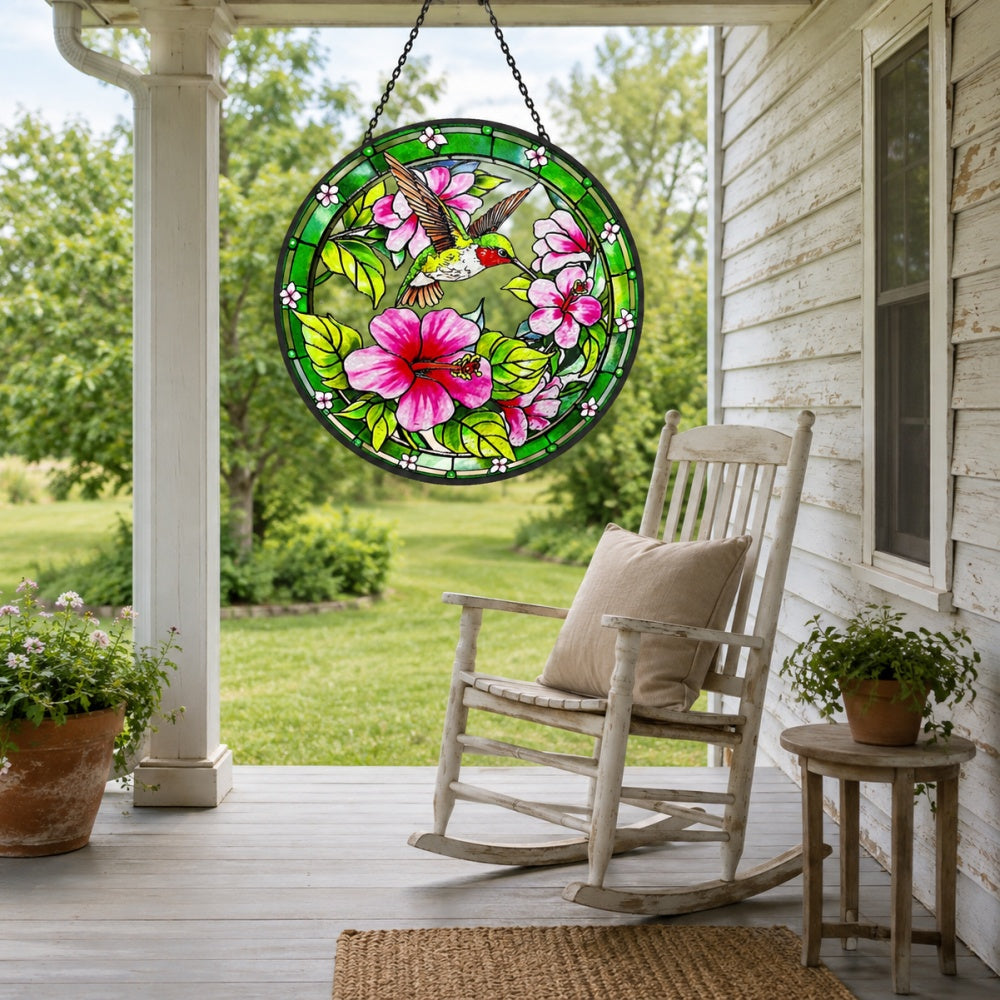 Hummingbird with pink hibiscus stained glass suncatcher window hanging, suitable for home and garden decoration