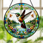 Hummingbird spring lake floral stained glass suncatcher window hanging, suitable for home and garden decoration