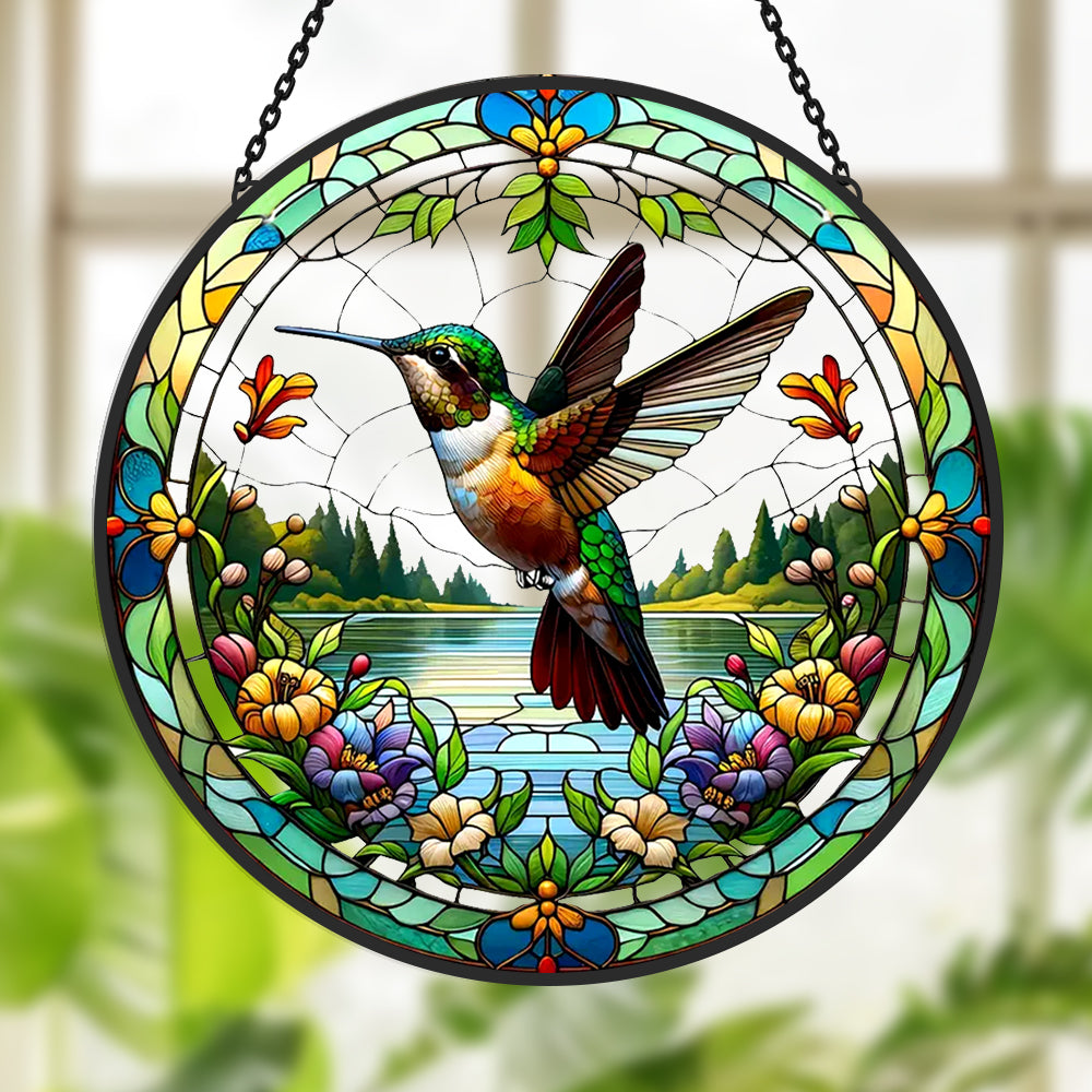 Hummingbird spring lake floral stained glass suncatcher window hanging, suitable for home and garden decoration