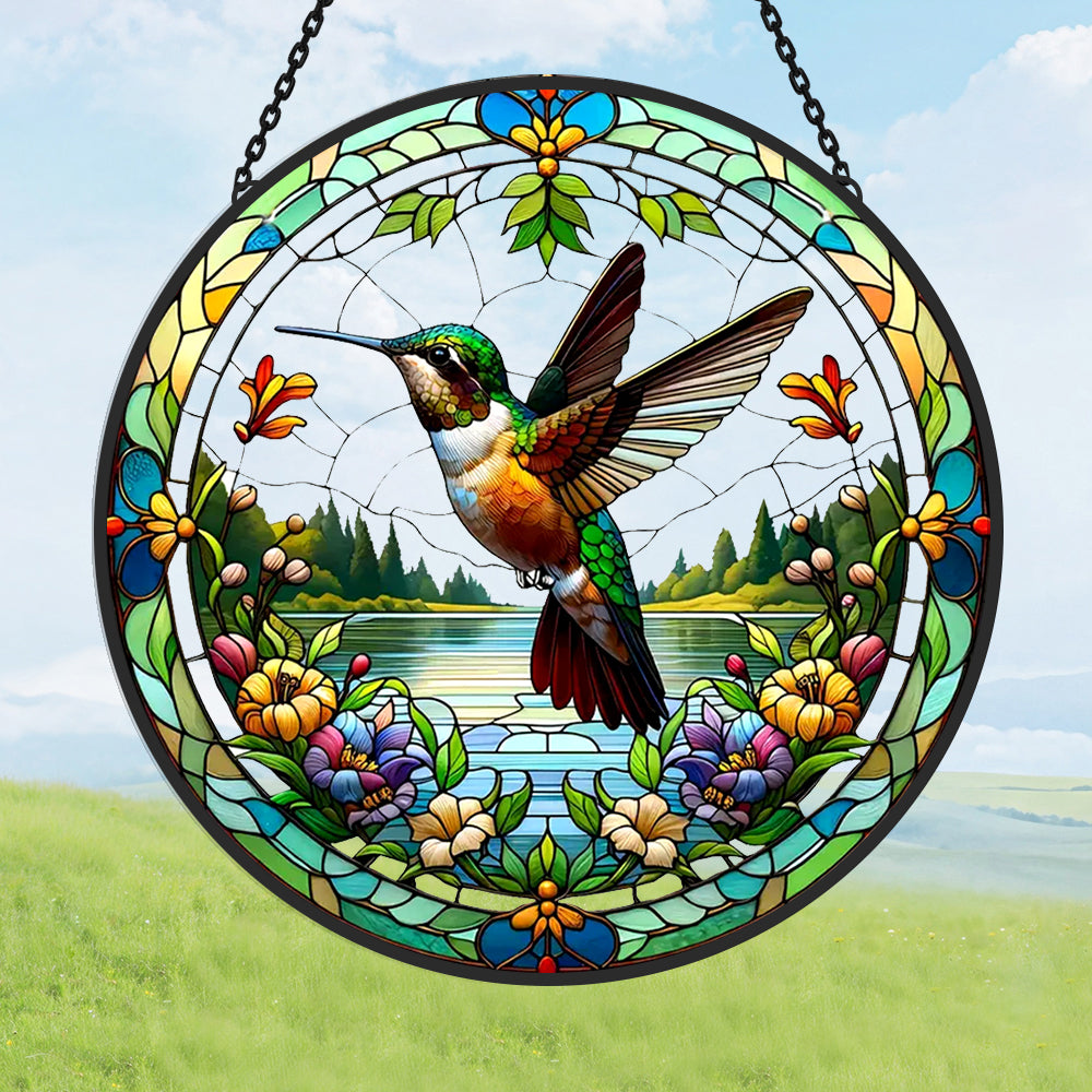 Hummingbird spring lake floral stained glass suncatcher window hanging, suitable for home and garden decoration