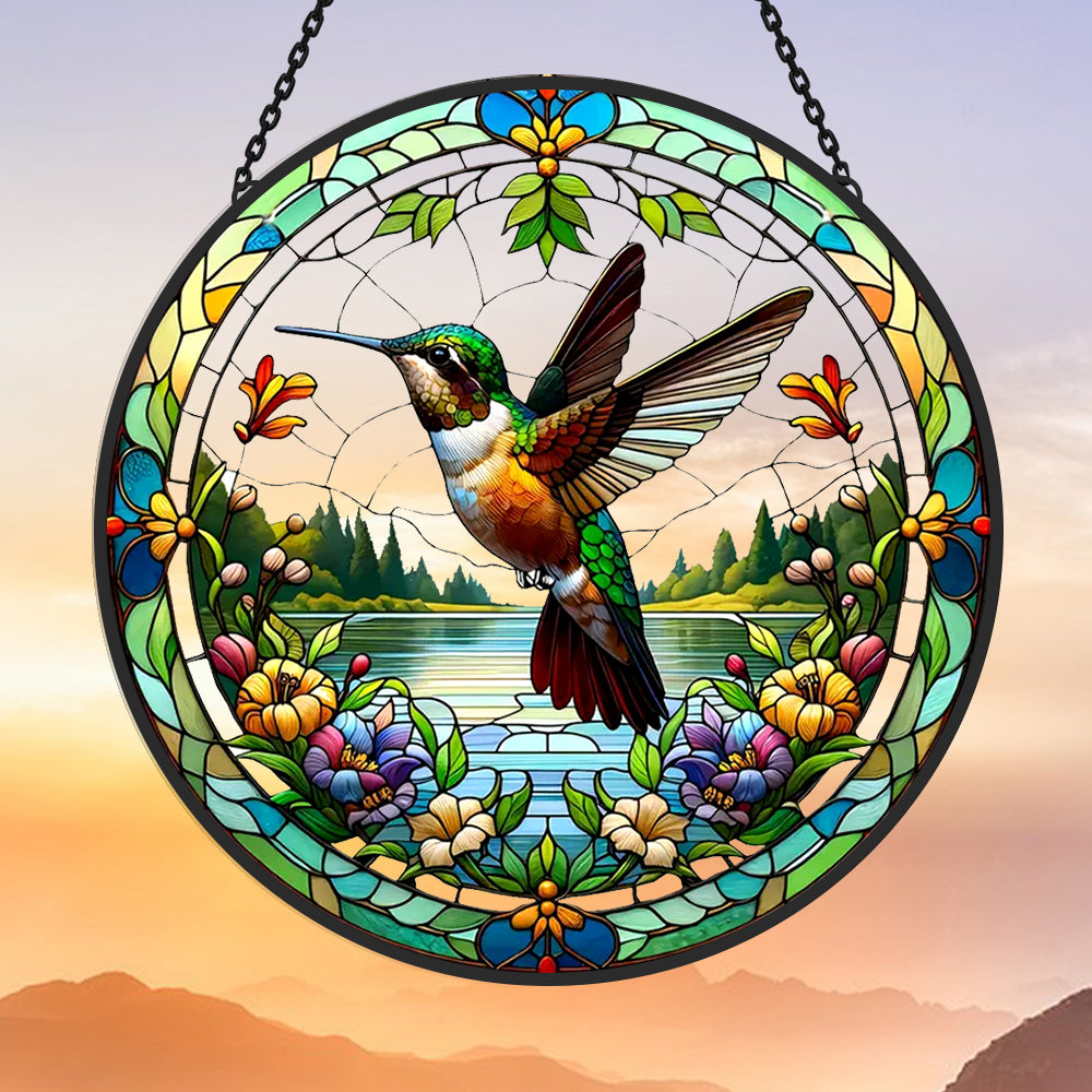 Hummingbird spring lake floral stained glass suncatcher window hanging, suitable for home and garden decoration