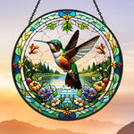 Hummingbird spring lake floral stained glass suncatcher window hanging, suitable for home and garden decoration