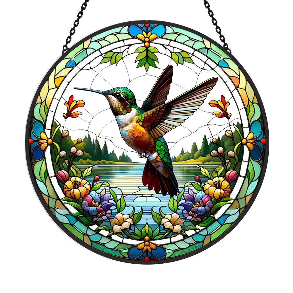 Hummingbird spring lake floral stained glass suncatcher window hanging, suitable for home and garden decoration