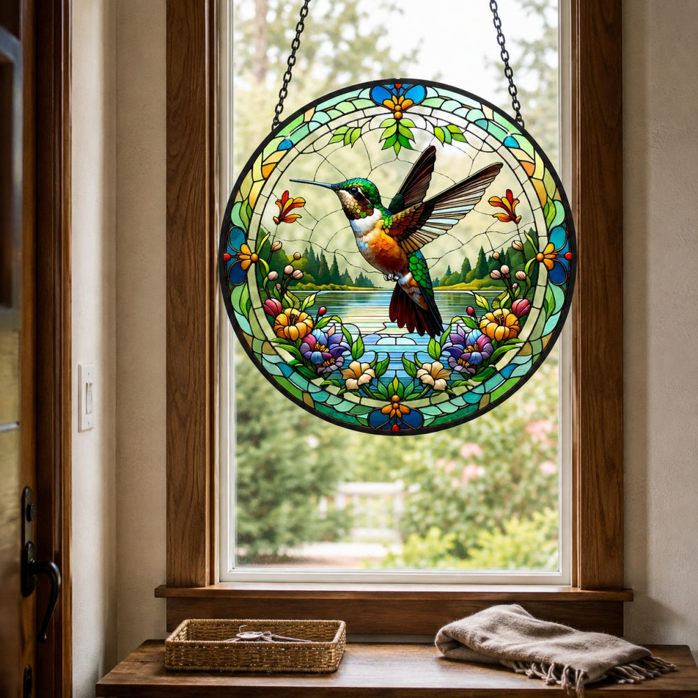 Hummingbird spring lake floral stained glass suncatcher window hanging, suitable for home and garden decoration