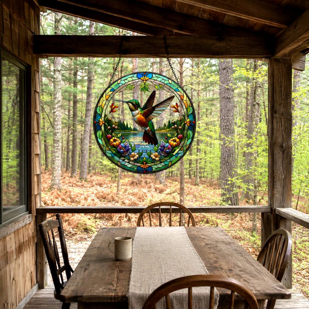 Hummingbird spring lake floral stained glass suncatcher window hanging, suitable for home and garden decoration