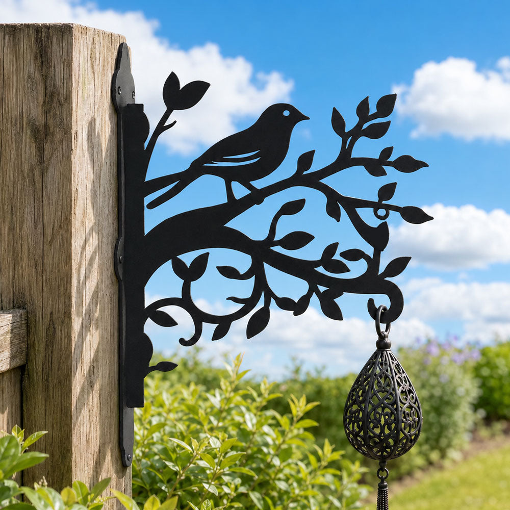 Hummingbird stand on branch metal hanging basket bracket mounted on outdoor wall for plant decoration
