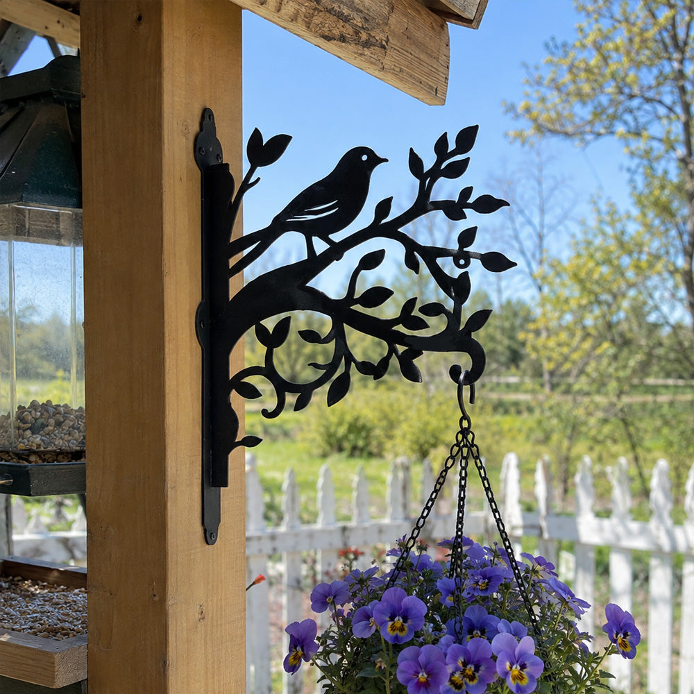 Hummingbird stand on branch metal hanging basket bracket mounted on outdoor wall for plant decoration