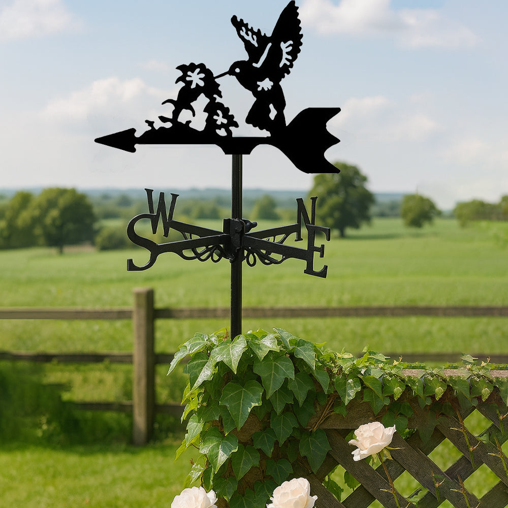 Hummingbird with flowers metal weather vane with directional arrows and mounting rod, outdoor roof and garden decoration