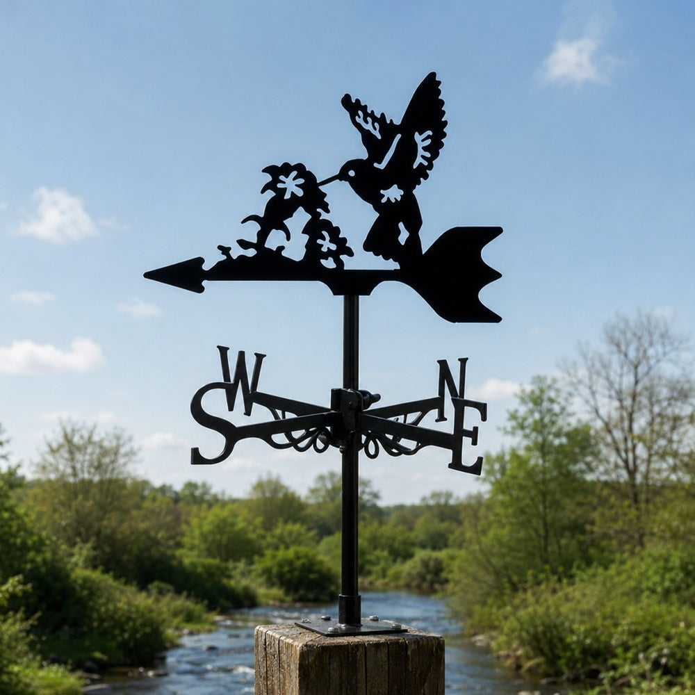 Hummingbird with flowers metal weather vane with directional arrows and mounting rod, outdoor roof and garden decoration