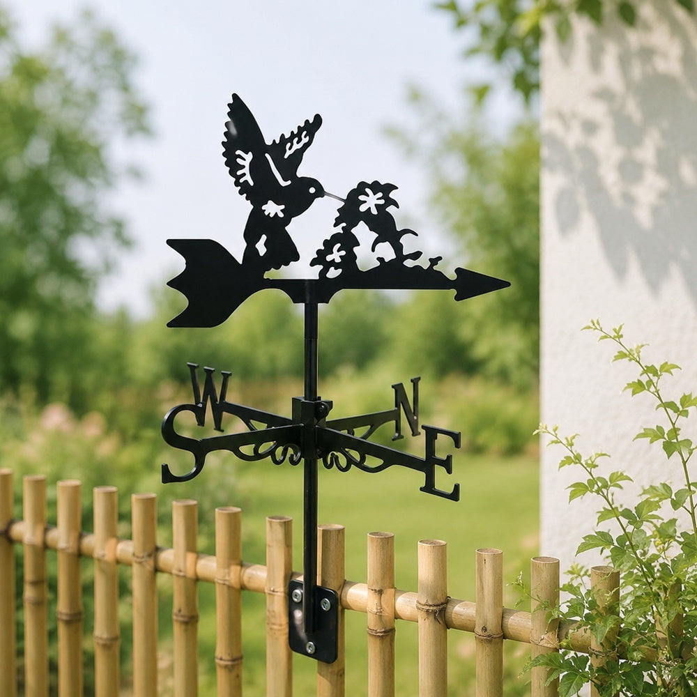 Hummingbird with flowers metal weather vane with directional arrows and mounting rod, outdoor roof and garden decoration