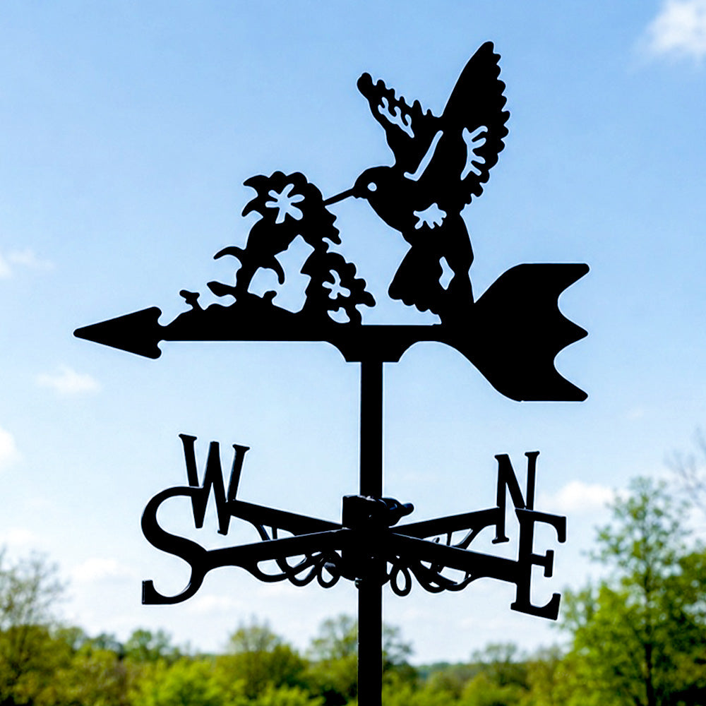 Hummingbird with flowers metal weather vane with directional arrows and mounting rod, outdoor roof and garden decoration