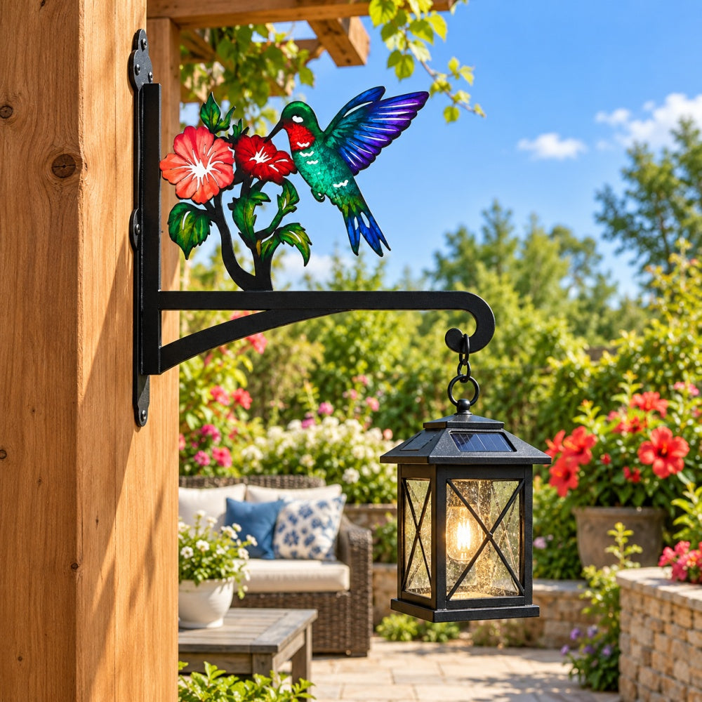 Hummingbird with honeysuckle metal hanging basket bracket mounted on outdoor wall for plant decoration