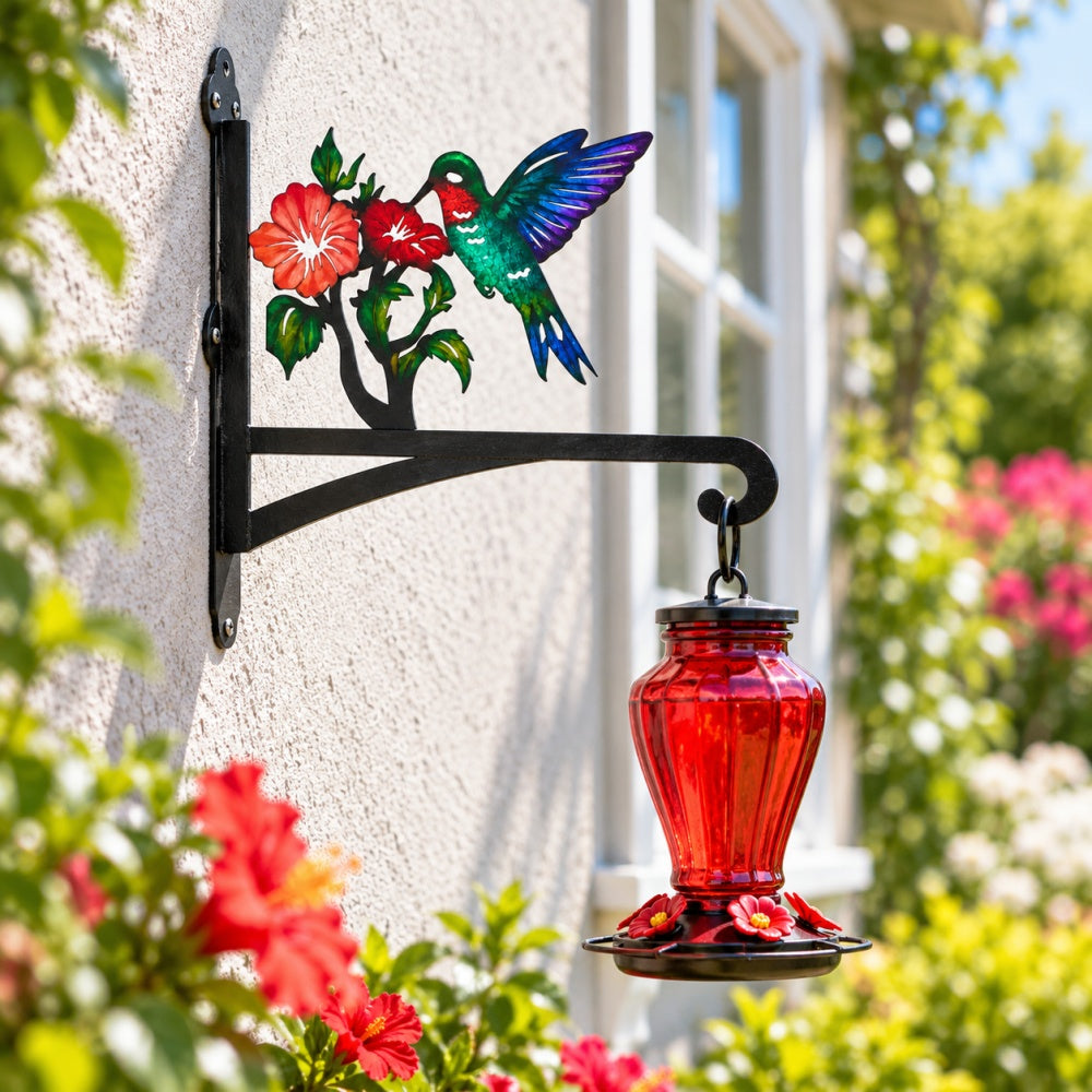 Hummingbird with honeysuckle metal hanging basket bracket mounted on outdoor wall for plant decoration