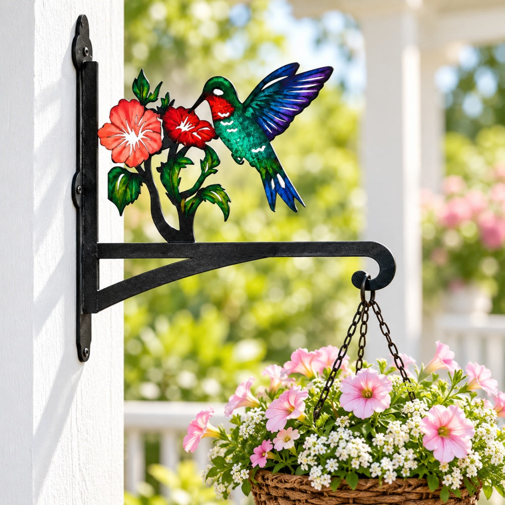 Hummingbird with honeysuckle metal hanging basket bracket mounted on outdoor wall for plant decoration