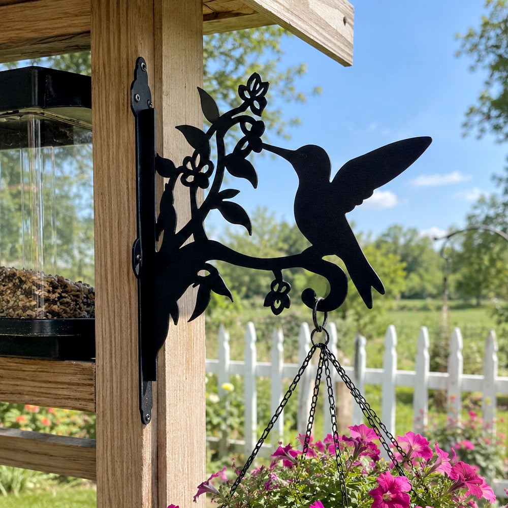 Hummingbird with honeysuckle metal hanging basket bracket mounted on outdoor wall for plant decoration