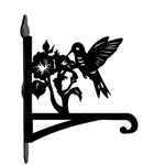 Hummingbird with morning glory metal hanging basket bracket mounted on outdoor wall for plant decoration