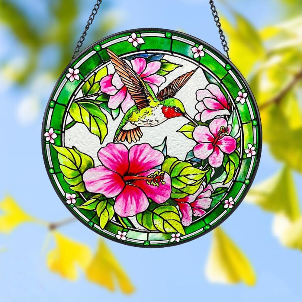 hummingbird with pink hibiscus stained glass suncatcher window hanging, suitable for home and garden decoration.