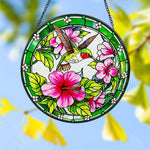 hummingbird with pink hibiscus stained glass suncatcher window hanging, suitable for home and garden decoration.
