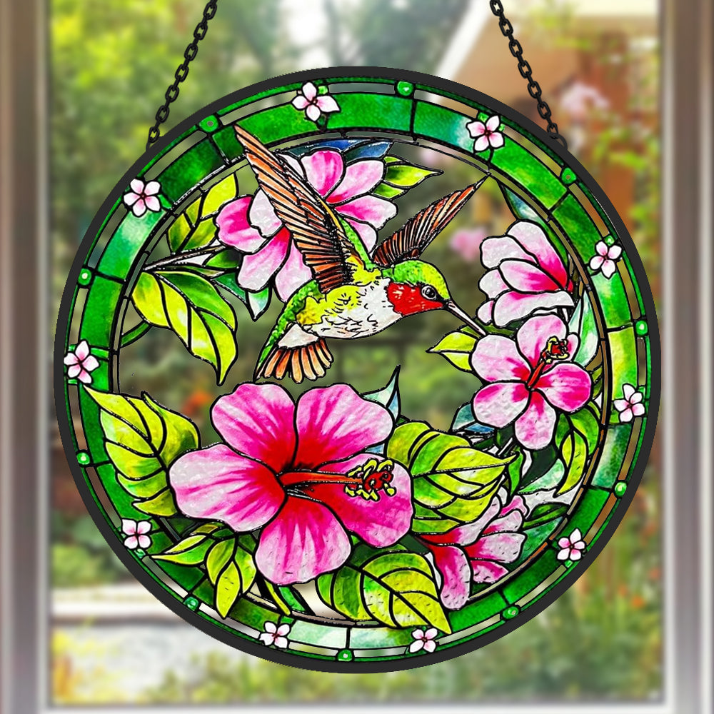hummingbird with pink hibiscus stained glass suncatcher window hanging, suitable for home and garden decoration.