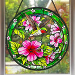 hummingbird with pink hibiscus stained glass suncatcher window hanging, suitable for home and garden decoration.
