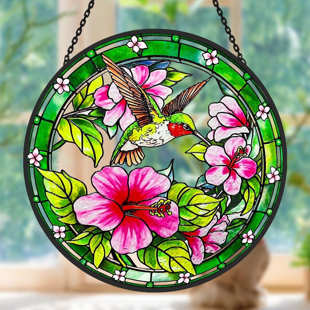 hummingbird with pink hibiscus stained glass suncatcher window hanging, suitable for home and garden decoration.