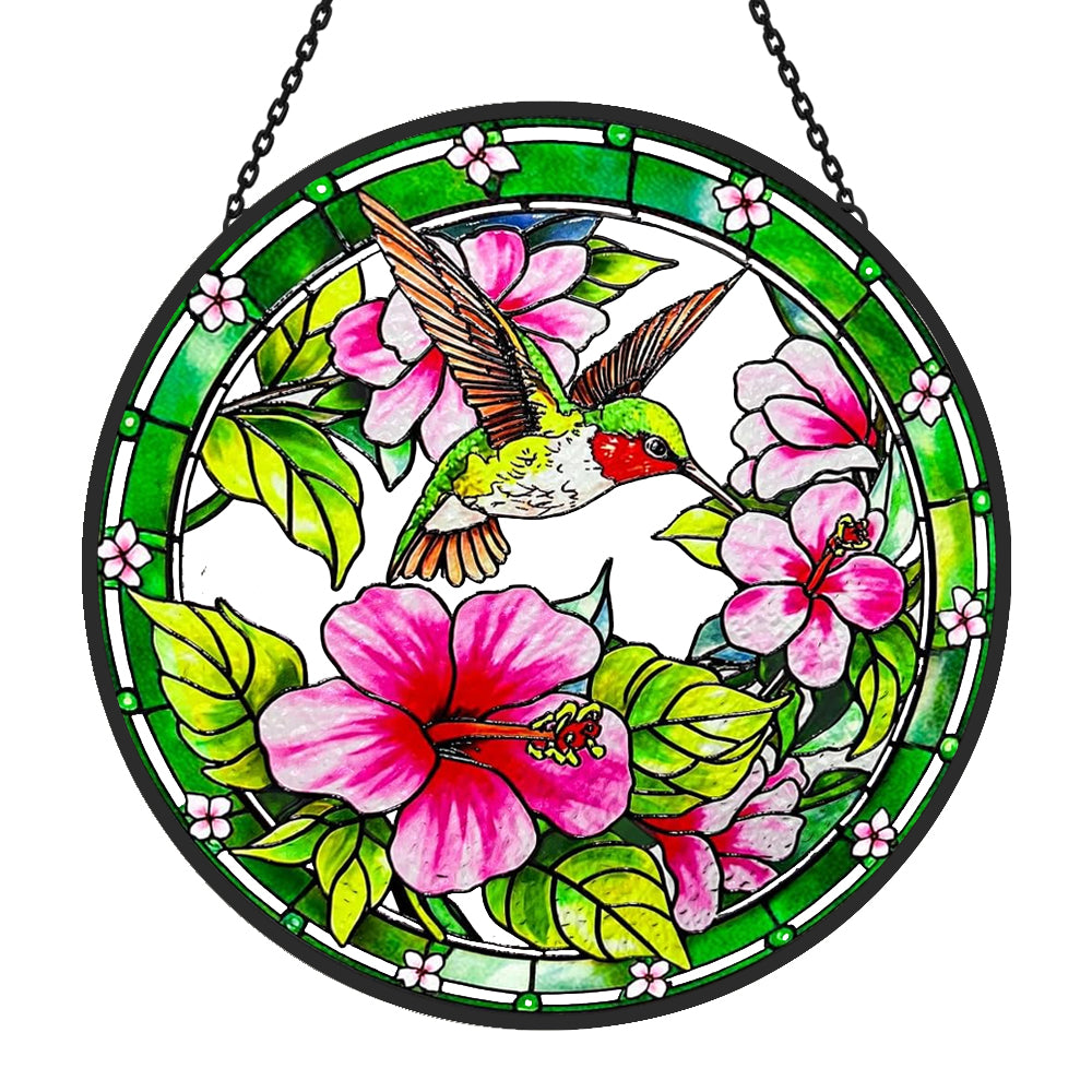 hummingbird with pink hibiscus stained glass suncatcher window hanging, suitable for home and garden decoration.