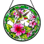 hummingbird with pink hibiscus stained glass suncatcher window hanging, suitable for home and garden decoration.