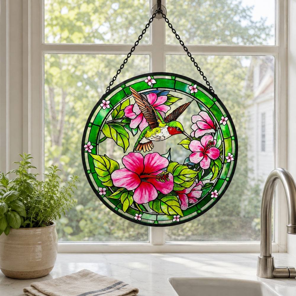 Hummingbird with pink hibiscus stained glass suncatcher window hanging, suitable for home and garden decoration