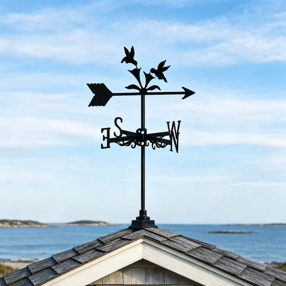 Hummingbirds feeding metal weather vane with directional arrows and mounting rod, outdoor roof and garden decoration
