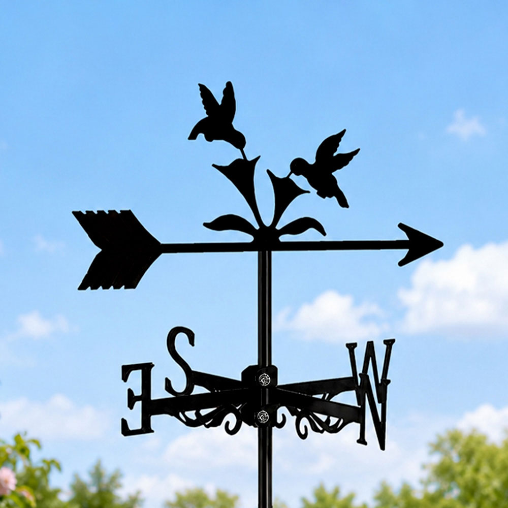 Hummingbirds feeding metal weather vane with directional arrows and mounting rod, outdoor roof and garden decoration